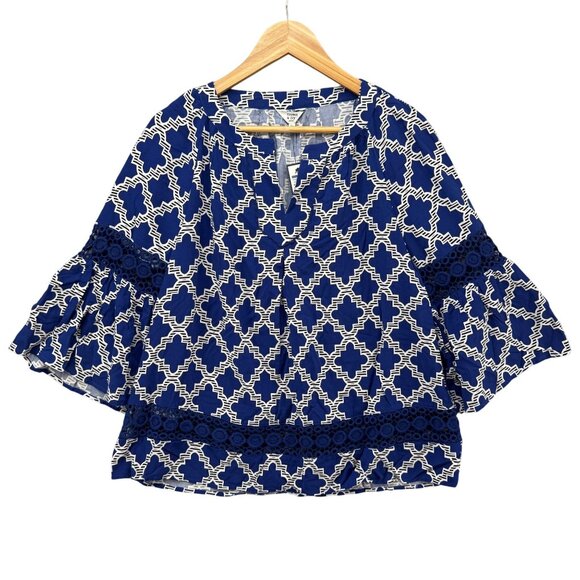 Crown Ivy Moroccan Market Blouse Womens Blue White Crochet Cutout Size PL - Picture 1 of 9